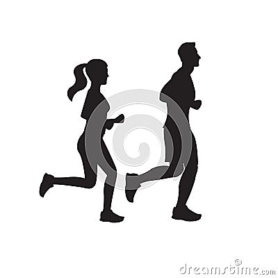 Running man and woman silhouettes. Couple jogging. Marathon race concept. Sport and fitness design template with runners Vector Illustration